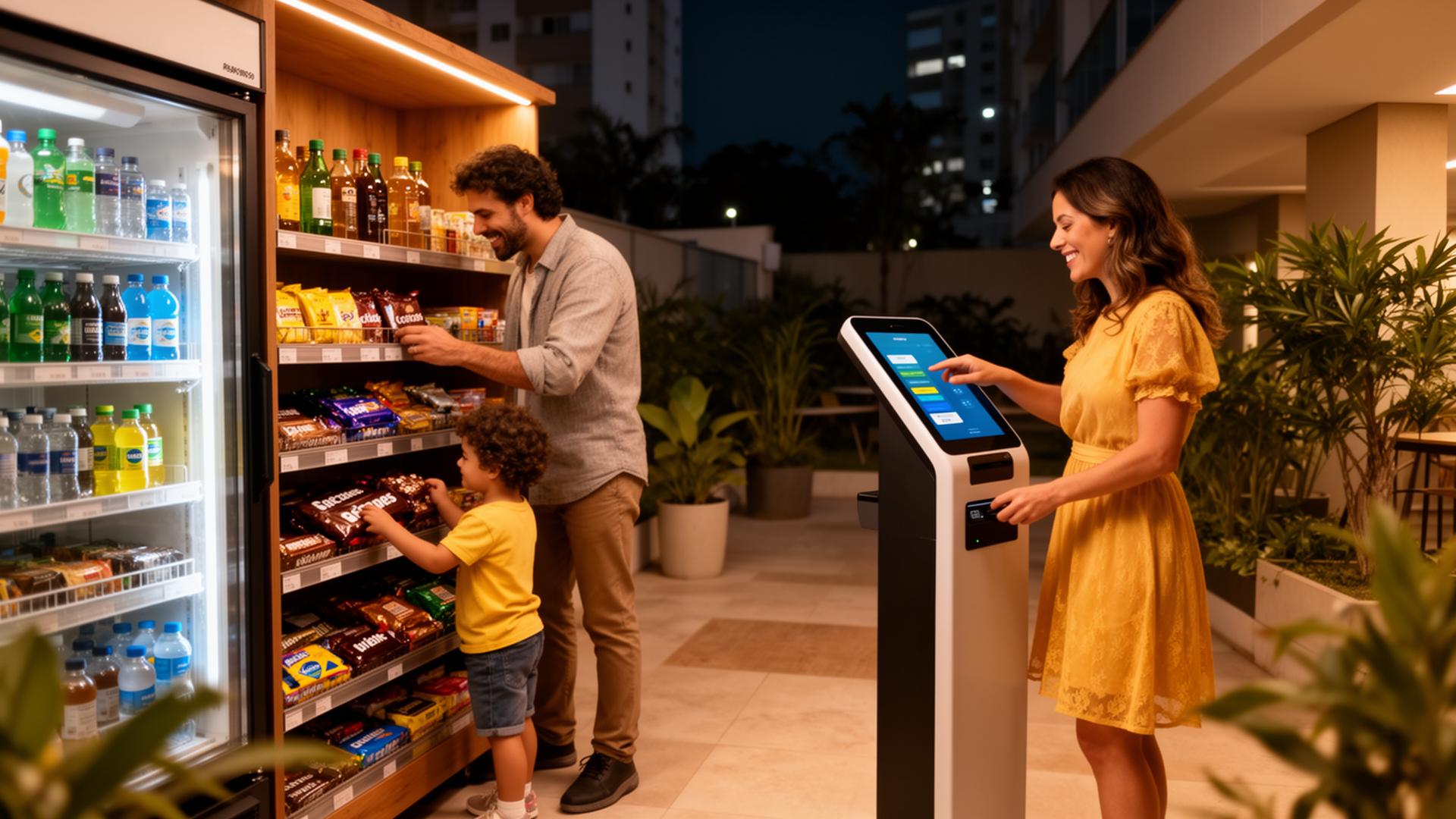 Família usando mini mercado autônomo